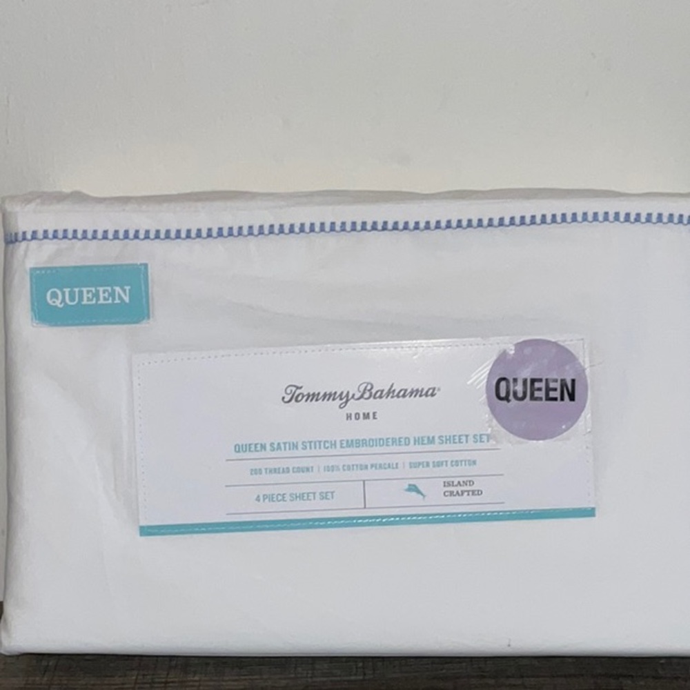 TOMMY BAHAMA BOARDWALK WHITE BLUE SATIN STITCH HEM 200 THREAD 4pc.QUEEN SET NWT
